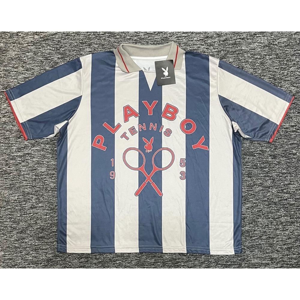 Playboy Tennis 1953 Striped Graphic Jersey Mens Small Navy White Red New
